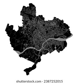 Palembang map. Detailed black map of Palembang city administrative area. Cityscape poster metropolitan aria view. Black land with white roads and avenues. White background.