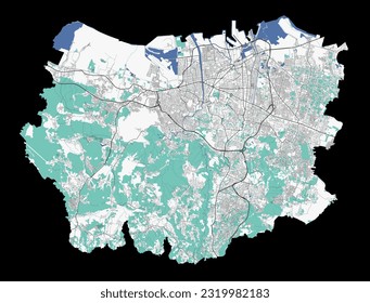 Palembang map. Detailed map of Palembang city administrative area. Cityscape panorama. Road map with highways, rivers. Royalty free vector illustration.