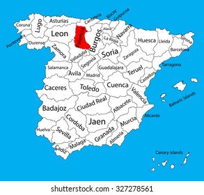 Palencia map silhouette vector. Spain province. Spain with separated regions isolated on background. Spain autonomy areas map. Editable vector map of Spain. 