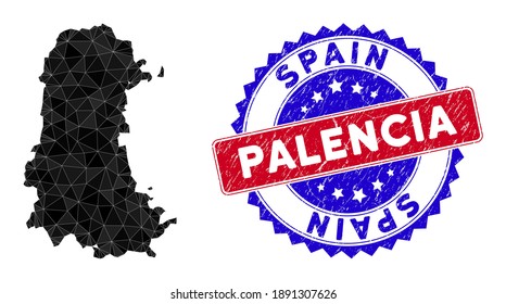 Palencia Province map polygonal mesh with filled triangles, and rubber bicolor rubber seal. Triangle mosaic Palencia Province map with mesh vector model, triangles have different sizes, and positions,