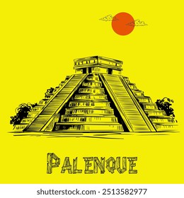 Palenque. Intricate Sketch of Palenque: Ancient Mayan Ruins Brought to Life.