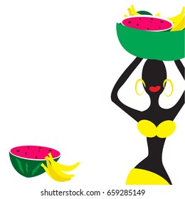 PALENQUERA MUJER VENDIENDO FRUTA SOBRE LA CABEZA