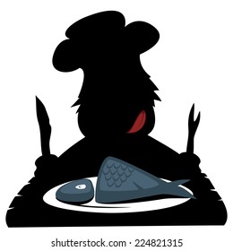 Paleo chef - Silhouette of a hungry prehistoric chef is about to eat a fresh fish.