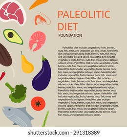 Paleo diet. Background of meat, fish, vegetables, fruits and berries.
