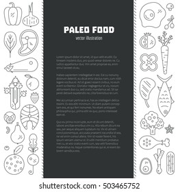 Paleo diet card or poster template with place for your text. Healthy lifestyle design element with different fruits, vegetables, seafood and meat.