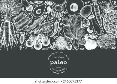 Paleo Diet Chalk Board Design Template. Vector Hand Drawn Healthy Food Banner. Vintage Style Menu Illustration.