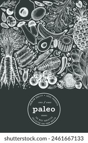 Paleo Diet Chalk Board Design Template. Vector Hand Drawn Healthy Food Banner. Vintage Style Menu Illustration.