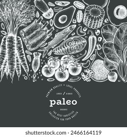 Paleo Diet Chalk Board Design Template. Vector Hand Drawn Healthy Food Banner. Vintage Style Menu Illustration.