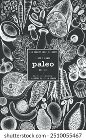 Modelo de design de placa de giz de Dieta Paleo. A Mão Do Vetor Desenhou A Bandeira De Alimentos Saudáveis. Ilustração de Menu de Estilo Vintage.
