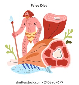 Concepto de dieta Paleo. Cavernícola con lanza junto a ilustraciones de carne y pescado para retratar la nutrición ancestral. Los antiguos hábitos alimenticios se modernizaron. Ilustración vectorial.