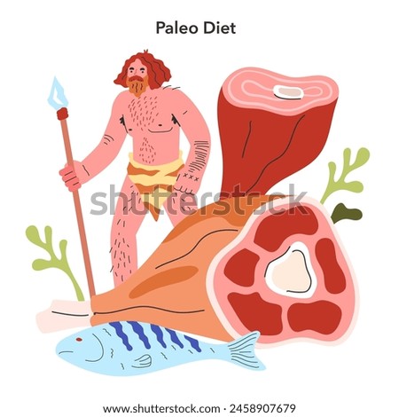 Paleo Diet concept. Caveman with spear alongside illustrations of steak and fish to portray ancestral nutrition. Ancient eating habits modernized. Vector illustration.
