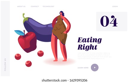 Paleo Diet Concept Website Landing Page. Cave Woman in Animal Skin Stand near Apple and Eggplant. Dietary Plan of People Eat Food at Paleolithic Era Web Page Banner. Cartoon Flat Vector Illustration