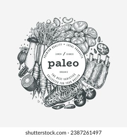 Paleo Diet Design Template. Vector Hand Drawn Healthy Food Banner. Vintage Style Menu Illustration.