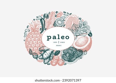 Paleo Diet Design Template. Vector Hand Drawn Healthy Food Banner. Vintage Style Menu Illustration.