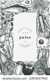 Paleo Diet Design Template. Vector Hand Drawn Healthy Food Banner. Vintage Style Menu Illustration.