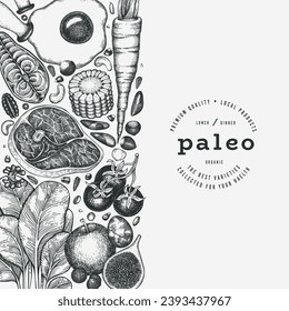 Plantilla de diseño de dieta paleo. Cartel de comida saludable dibujado por la mano del vector. Ilustración del menú Estilo de época.