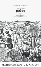 Plantilla de diseño de dieta Paleo. Banner de comida sana dibujado a mano del vector. Ilustración de menú de estilo vintage.