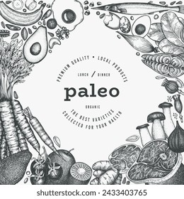 Paleo Diet Design Template. Vector Hand Drawn Healthy Food Banner. Vintage Style Menu Illustration.