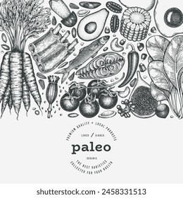 Plantilla de diseño de dieta Paleo. Vector dibujado a mano Anuncio de alimentos saludables. Ilustración del menú Estilo Antiguas.