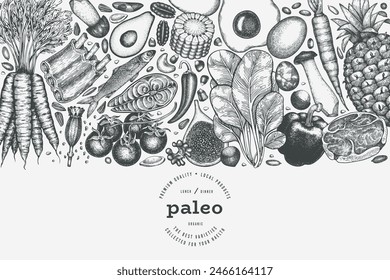 In: Paleo Diet Design Vorlage. Vektorgrafik Handgezeichneter Healthy Food Banner. Klassische Menüdarstellung.