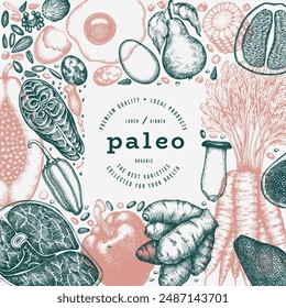Paleo Diet Design Template. Vector Hand Drawn Healthy Food Banner. Vintage Style Menu Illustration.