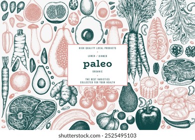 Modelo de Design de Dieta Paleo. A Mão Do Vetor Desenhou A Bandeira De Alimentos Saudáveis. Ilustração de Menu de Estilo Vintage.