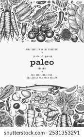 Paleo Diet Design Template. Vector Hand Drawn Healthy Food Banner. Vintage Style Menu Illustration.