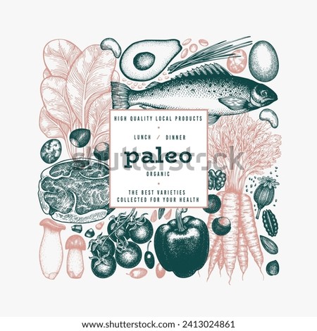 Paleo Diet Design Template. Vector Hand Drawn Healthy Food Banner. Vintage Style Menu Illustration.
