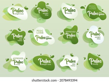 Paleo Diet Frendly Badge. Set Of Green Amoeba Design Of Sticker For Paleo Diet Menu, Poster, Flyer