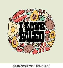 Paleo Diet hand drawn vector illustration.
Handwritten lettering.
Sketch of paleolithic diet food. Healthy nutrition. Paleolithic nutrition illustration. 