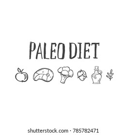 Paleo diet- handdrawn lettering with food pictures.Vector logotype. Unique design for advertising, signboards, packaging and identity, web designs,  restaurant menu design, banners, flayers.