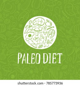 Paleo diet- handdrawn logotype, isolated  element. Paleo food label created with grunge effect. Design for advertising, signboards, packaging and identity, web designs,  restaurant menu design, banner