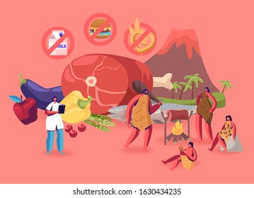 Paleo Diet Healthy Eating Concept. Cave People and Doctor Nutritionist Walking around of Products Separated Levels Fats Oils Seafood Meat Water Vegetables and Fruits. Cartoon Flat Vector Illustration