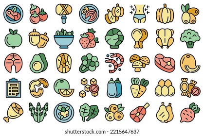 Paleo diet icons set outline vector. Seafood diet. Gluten health color flat isolated