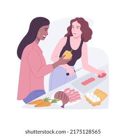 Paleo diet isolated cartoon vector illustrations. Cheerful friends talking and cooking together, people on a paleo diet, healthy nutrition, saturated fat and protein food vector cartoon.