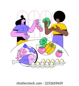 Paleo diet isolated cartoon vector illustrations. Cheerful friends talking and cooking together, people on a paleo diet, healthy nutrition, saturated fat and protein food vector cartoon.