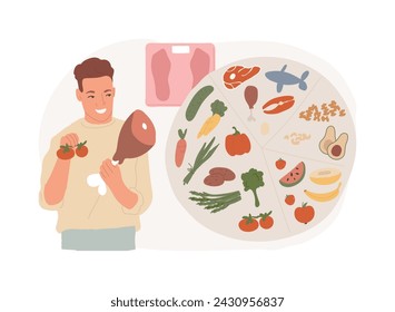 Paleo dieta concepto aislado ilustración vectorial. Dieta de pérdida de peso, ensalada de verduras frescas, comida orgánica saludable, pescado crudo, plato vegetariano, estilo de vida saludable, concepto de vector de vitaminas.