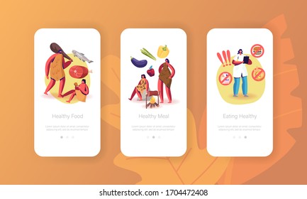 Paleo Diet Mobile App Page Onboard Screen Template. Dietary Plan Based on Food Similar to People Eat at Paleolithic Era. Cave Characters Eat Fruit and Vegetable Concept. Cartoon Vector Illustration