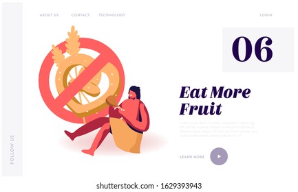 Paleo Diet, Nutrition of Ancient People Website Landing Page. Cave Human Child Wearing Animal Skin Eating Meat with Sign Prohibit Bakery Production Web Page Banner. Cartoon Flat Vector Illustration