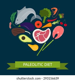 Paleo diet. Products included in the diet as a heart.