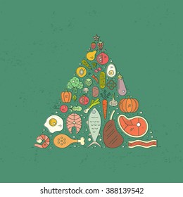 Paleo diet pyramid with icons of diffirent products including fish, meat, begetables, fruits. Healthy food vector linear illustration. Cave man diet modern concept.
