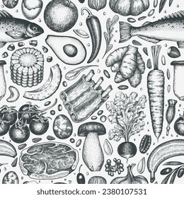 Paleo Diet  Seamless Pattern. Vector Hand Drawn Healthy Food Background. Vintage Style Menu Illustration.