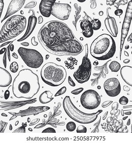 Paleo Diet  Seamless Pattern. Vector Hand Drawn Healthy Food Background. Vintage Style Menu Illustration.