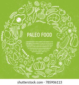 Paleo diet- vector background with text area and handdrawn elements. Can be used as menu template, brochures, flayers, banners, websites. Paleo menu concept.Caveman diet illustration. 