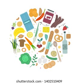 Paleo food circle concept. Healthy diet illustraion made in handdrawn rough style. Fish, eggs, vegetables, fruits, meat and seafood arranged in a circle.