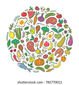 Paleo Food Circle Concept. Healthy Diet Illustraion Made In Handdrawn Rough Style. Fish, Eggs, Vegetables, Fruits, Meat And Seafood Arranged In A Circle. 