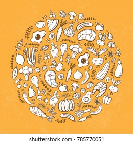 Paleo food circle concept. Healthy diet illustraion made in handdrawn rough style. Fish, eggs, vegetables, fruits, meat and seafood arranged in a circle. 