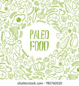 Paleo food- handdrawn background with lettering and food illustations. Unique textured art can be used for banners, flayers, restaurant menu design. Cover design.