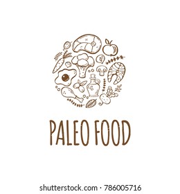 Paleo food- handdrawn logotype,  isolated  element.  Unique design for advertising, signboards, packaging and identity, web designs,  restaurant menu design, banners, flayers. Vector illustration.