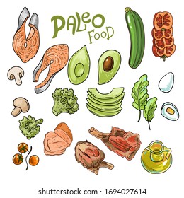 Paleo food illustration. Hand drawn vector picture with ketogenic diet products.